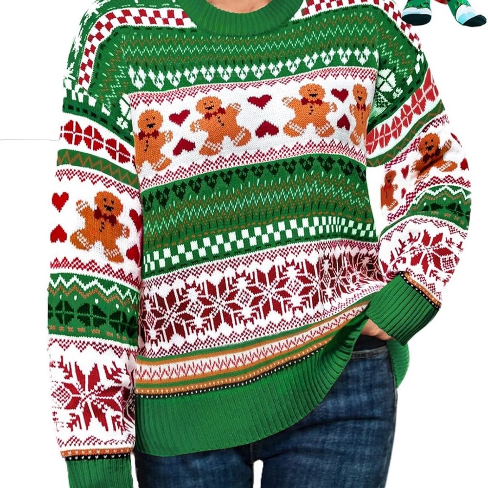 Green Christmas Sweater and socks with Gingerbread Design